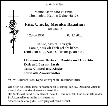 Traueranzeige von Rita, Ursula, Monika Baustian von Tageszeitung