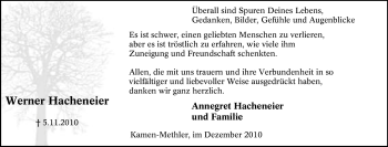 Traueranzeige von Werner Hacheneier von Tageszeitung