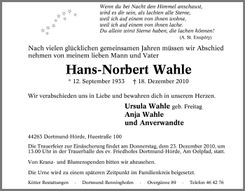 Traueranzeige von Hans-Norbert Wahle von Tageszeitung