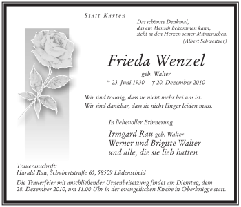 Traueranzeige von Frieda Wenzel von Tageszeitung