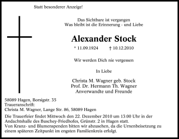 Traueranzeige von Alexander Stock von Tageszeitung