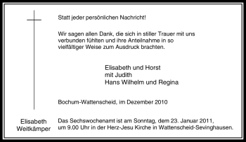 Traueranzeige von Elisabeth Weitkämper von Tageszeitung