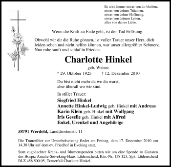 Traueranzeige von Charlotte Hinkel von Tageszeitung