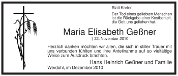 Traueranzeige von Maria Elisabeth Geßner von Tageszeitung