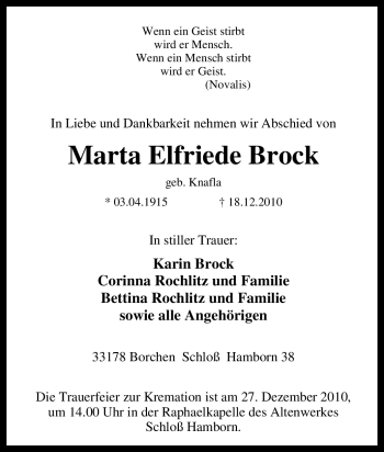 Traueranzeige von Marta Elfriede Brock von Tageszeitung