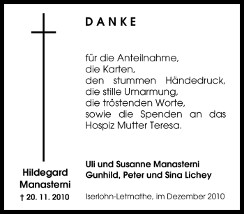 Traueranzeige von Hildegard Manasterni von Tageszeitung