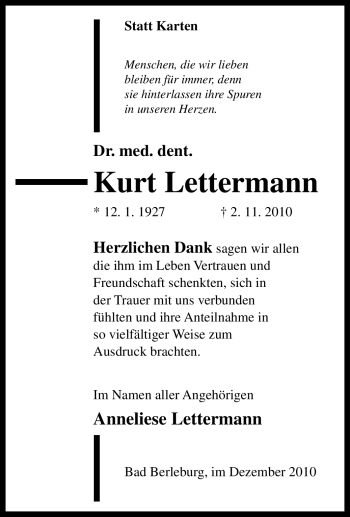 Traueranzeige von Kurt Lettermann von Tageszeitung