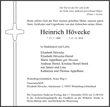 Traueranzeige von Heinrich Hövecke von Tageszeitung