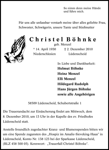 Traueranzeige von Christel Böhnke von Tageszeitung