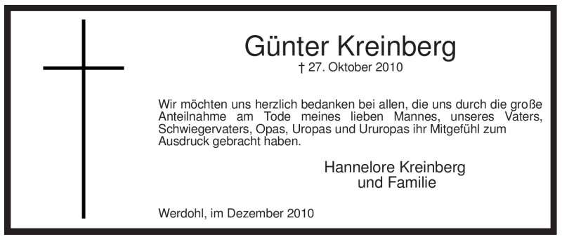 Traueranzeige für Günter Kreinberg vom 04.12.2010 aus Tageszeitung