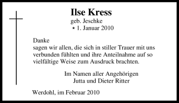 Traueranzeige von Ilse Kress von Tageszeitung