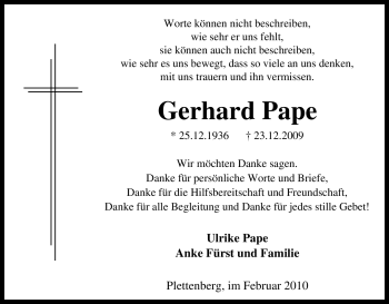 Traueranzeige von Gerhard Pape von Tageszeitung