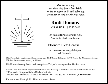Traueranzeige von Rudi Bonaus von Tageszeitung