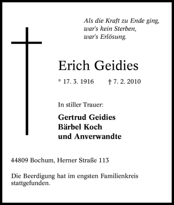 Traueranzeige von Erich Geidies von Tageszeitung