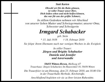 Traueranzeige von Irmgard Schabacker von Tageszeitung