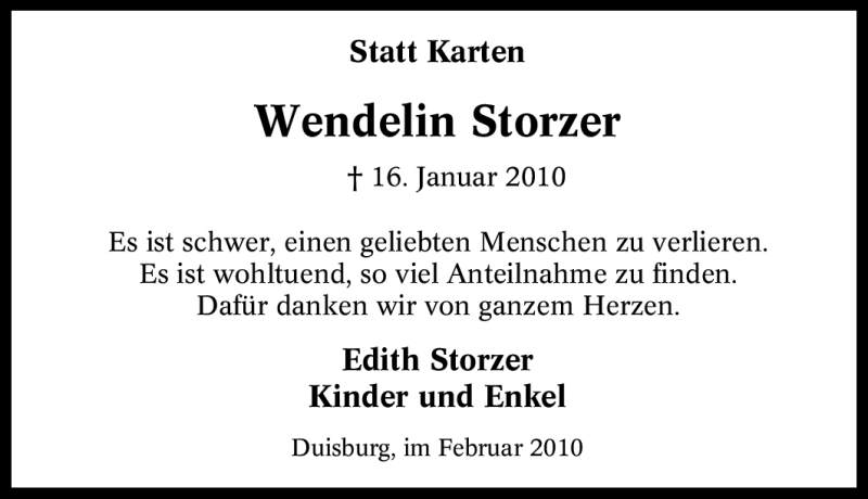  Traueranzeige für Wendelin Storzer vom 06.02.2010 aus Tageszeitung