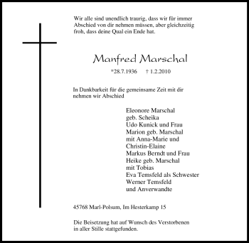 Traueranzeige von Manfred Marschal von Tageszeitung