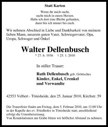 Traueranzeige von Walter Dellenbusch von Tageszeitung