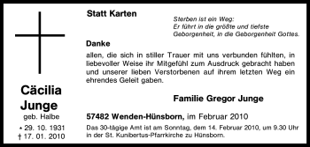Traueranzeige von Cäcilia Junge von Tageszeitung