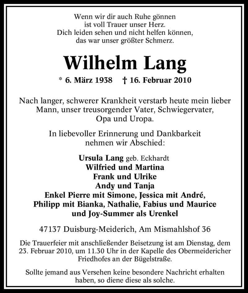  Traueranzeige für Wilhelm Lang vom 20.02.2010 aus Tageszeitung