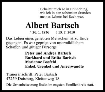 Traueranzeige von Albert Bartsch von Tageszeitung