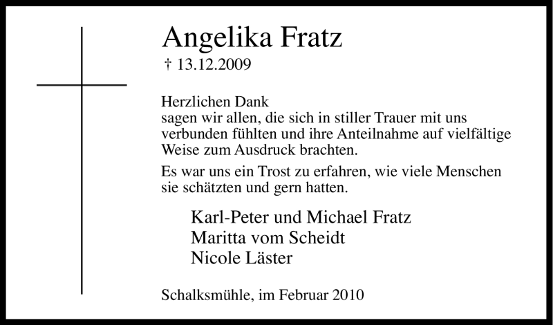  Traueranzeige für Angelika Fratz vom 03.02.2010 aus Tageszeitung