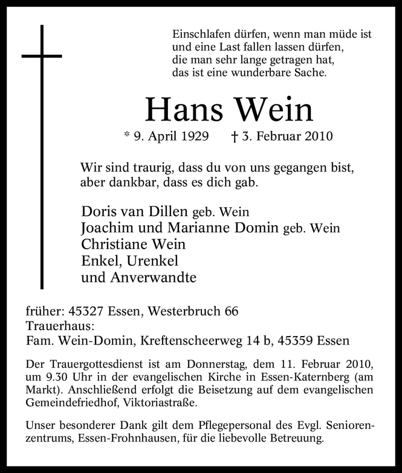  Traueranzeige für Hans Wein vom 05.02.2010 aus Tageszeitung
