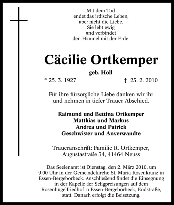 Traueranzeige von Cäcilie Ortkemper von Tageszeitung