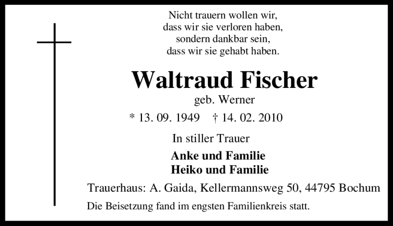  Traueranzeige für Waltraud Fischer vom 25.02.2010 aus Tageszeitung