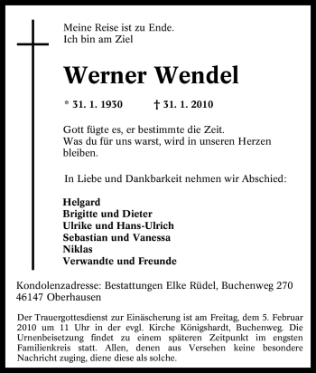 Traueranzeige von Werner Wendel von Tageszeitung