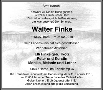 Traueranzeige von Walter Finke von Tageszeitung