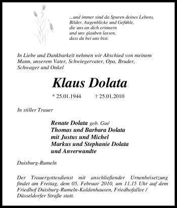 Traueranzeige von Klaus Dolata von Tageszeitung