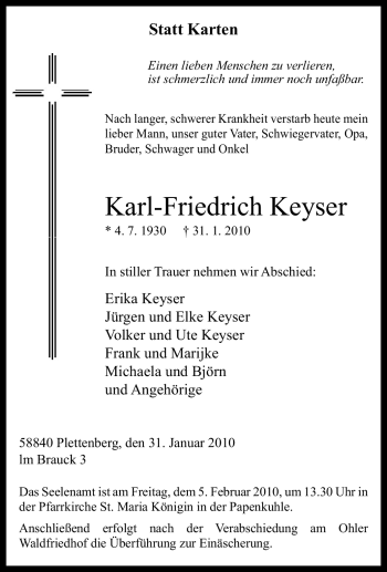 Traueranzeige von Karl-Friedrich Keyser von Tageszeitung