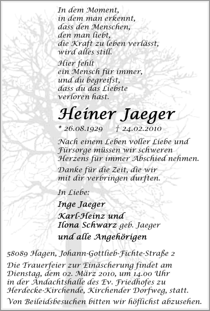  Traueranzeige für Heiner Jaeger vom 26.02.2010 aus Tageszeitung