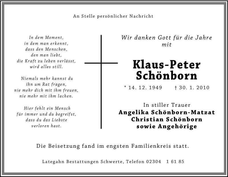  Traueranzeige für Klaus-Peter Schönborn vom 10.02.2010 aus Tageszeitung