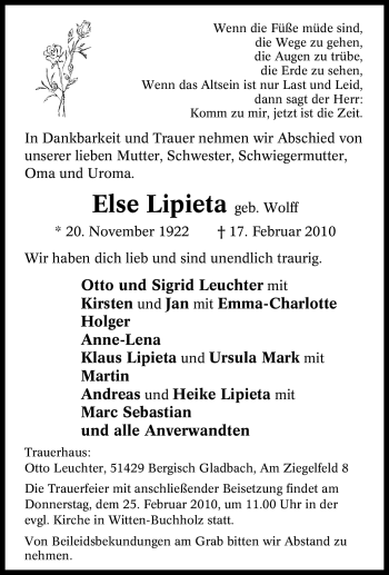 Traueranzeige von Else Lipieta von Tageszeitung