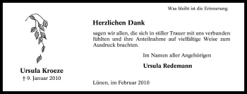 Traueranzeige von Ursula Kroeze von Tageszeitung