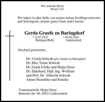 Traueranzeige von Gerda Graefe zu Baringdorf von Tageszeitung