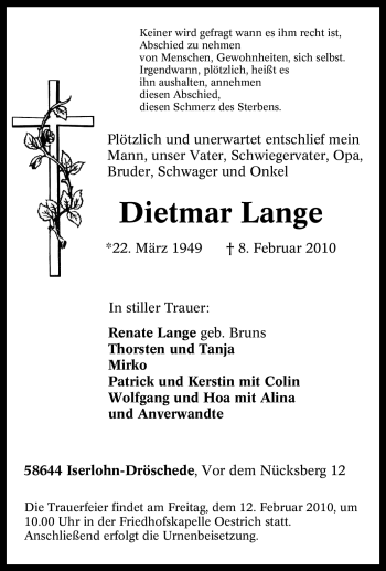 Traueranzeige von Dietmar Lange von Tageszeitung