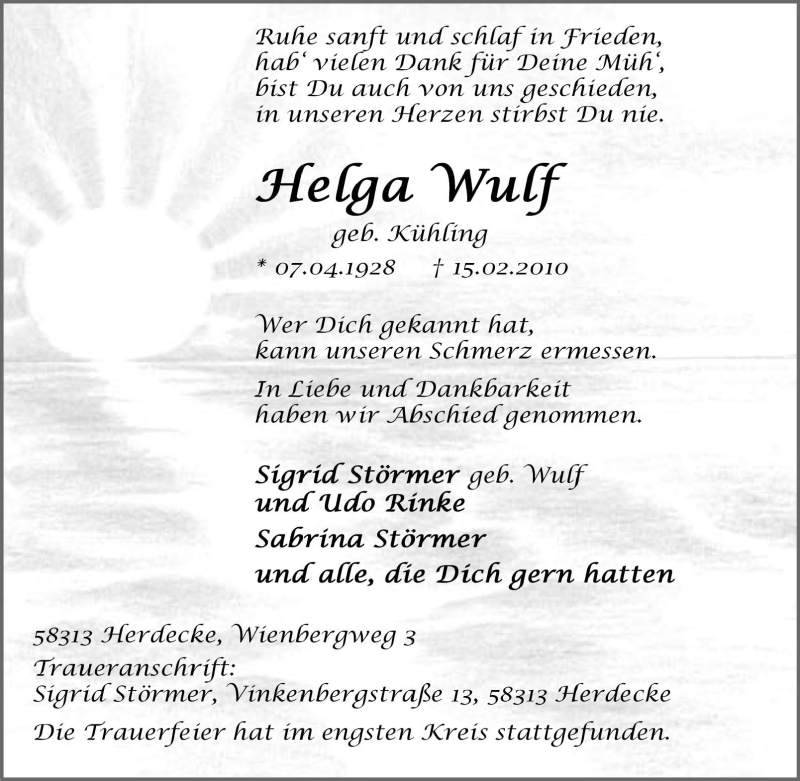  Traueranzeige für Helga Wulf vom 23.02.2010 aus Tageszeitung