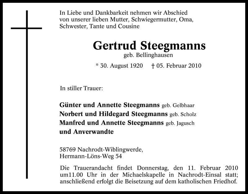  Traueranzeige für Gertrud Steegmanns vom 08.02.2010 aus Tageszeitung