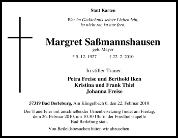 Traueranzeige von Margret Saßmannshausen von Tageszeitung