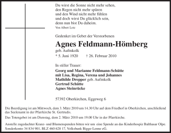 Traueranzeige von Agnes Feldmann-Hömberg von Tageszeitung