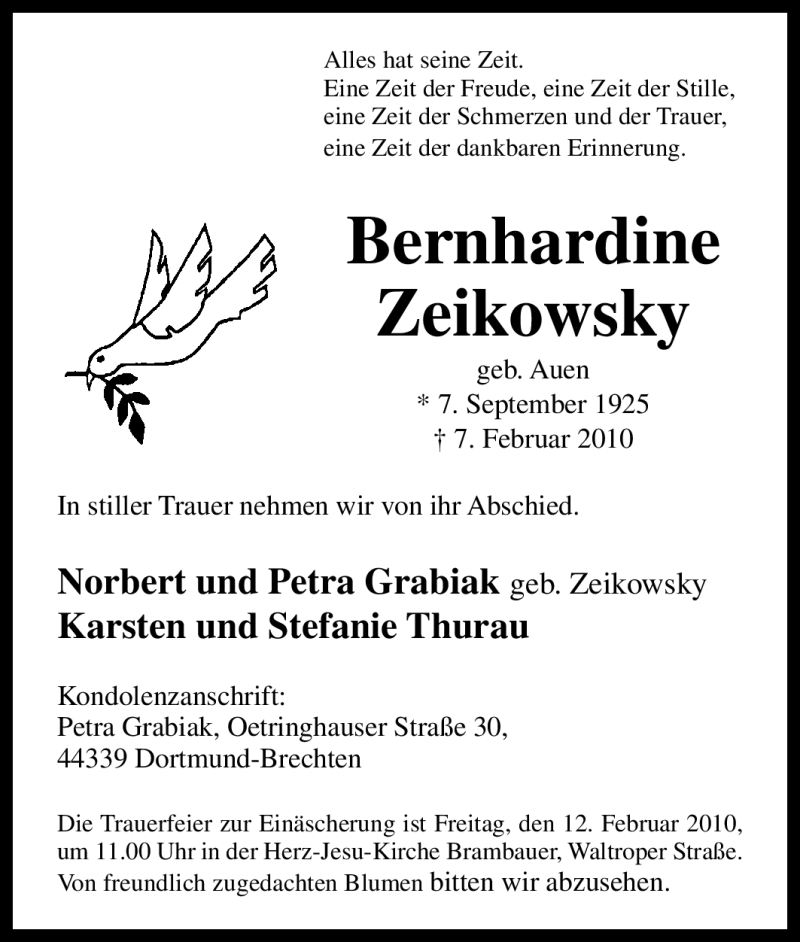  Traueranzeige für Bernhardine Zeikowsky vom 10.02.2010 aus Tageszeitung