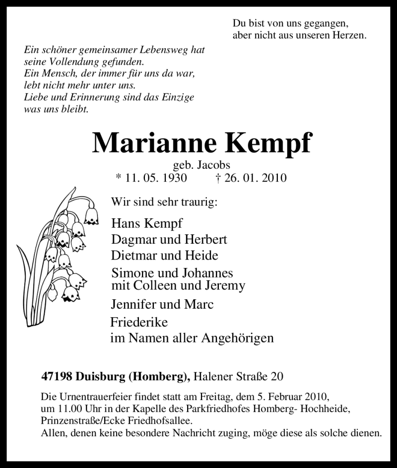  Traueranzeige für Marianne Kempf vom 01.02.2010 aus Tageszeitung