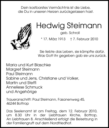 Traueranzeige von Hedwig Steimann von Tageszeitung