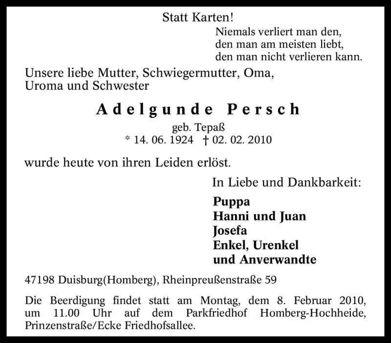  Traueranzeige für Adelgunde Persch vom 05.02.2010 aus Tageszeitung