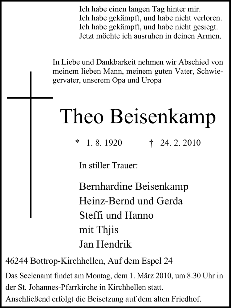  Traueranzeige für Theo Beisenkamp vom 26.02.2010 aus Tageszeitung