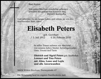 Traueranzeige von Elisabeth Peters von Tageszeitung