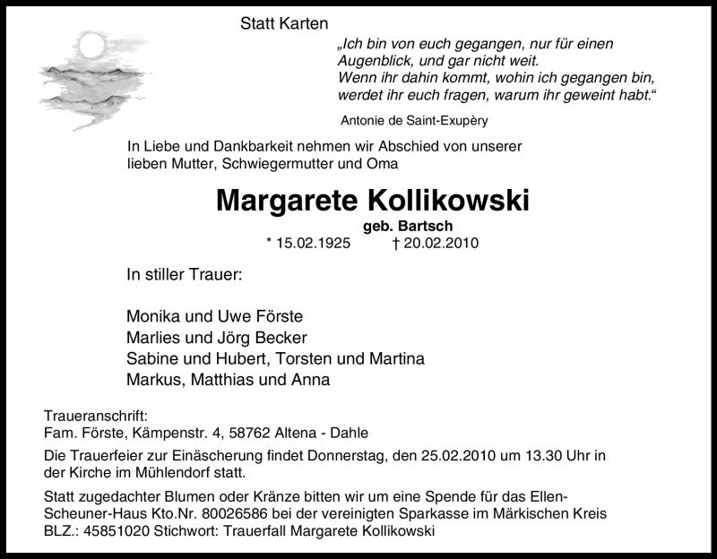  Traueranzeige für Margarete Kollikowski vom 23.02.2010 aus Tageszeitung